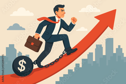 Determined Businessman Climbing Up Arrow Overcoming Debt Burden, Breaking Financial Chains, Achieving Success, Economic Growth, Motivation, Business Challenge, Vector Illustration