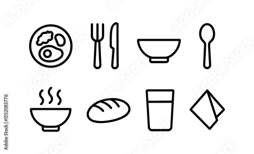 Outline icons of food and dining utensils including bowl, bread, and utensils