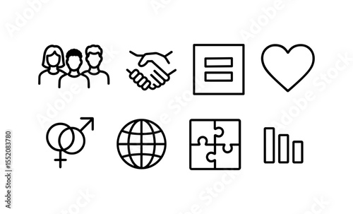 Icons of unity and equality: gender, heart, globe, puzzle, graph, community, handshake