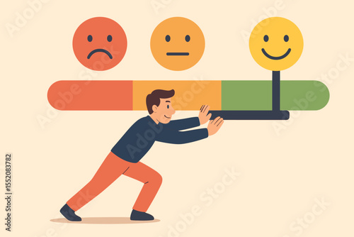 Customer Satisfaction Improvement Concept. Man Pushing Feedback Meter from Sad to Happy Smiley Face. Rating Scale, Positive Experience, Service Quality, Motivation, Vector Illustration, No Text