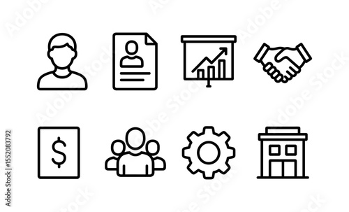 Business icons set: user, resume, graph, handshake, dollar, team, gear, building