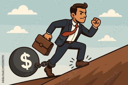 Determined businessman climbing uphill chained to heavy debt ball, overcoming financial burden, business stress, perseverance, escaping money problems, success metaphor, cartoon vector illustration