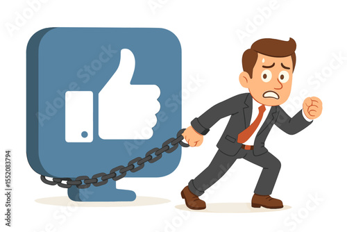 Businessman Chained to Giant Social Media Like Icon. Concept Social Media Addiction, Professional Enslavement, Digital Dependency, Internet Influence, Workplace Stress, Vector Cartoon Illustration