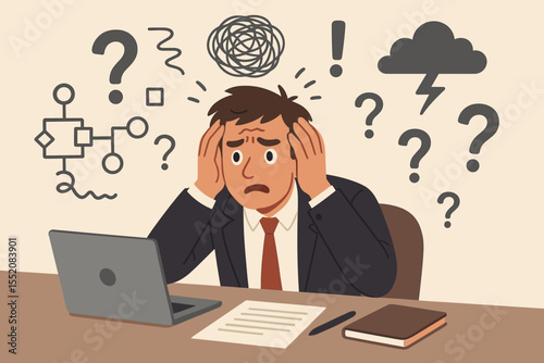 Stressed businessman overwhelmed by complex problems and decision making at work, workplace anxiety, mental overload, confusion, corporate pressure, office stress, uncertainty, vector illustration