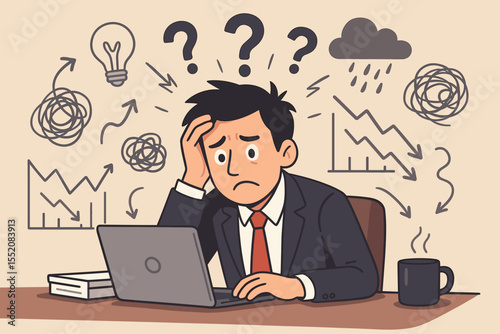 Stressed businessman overwhelmed by work problems and uncertainty at office, anxiety, financial crisis, confusion, mental health, vector cartoon illustration, burnout, deadline pressure