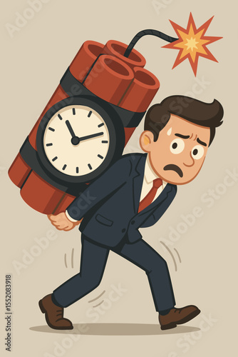 Stressed businessman burdened by ticking time bomb. Deadline pressure, time management crisis, work stress, business urgency. Corporate cartoon, anxiety metaphor, overworked employee concept vector