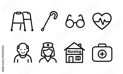 Elderly care icons: walker, cane, glasses, heart, elderly man, nurse, nursing home, medical kit