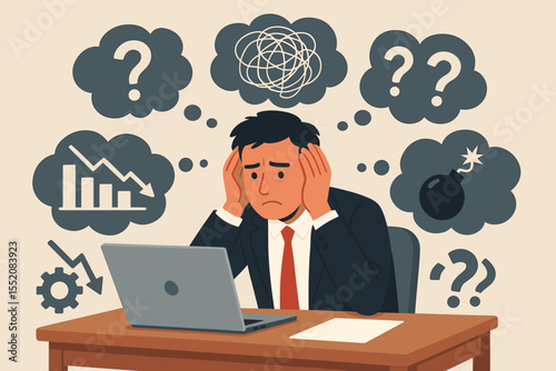 Overwhelmed businessman stress anxiety confusion solving complex work problems at desk. Mental health burnout productivity crisis business challenge deadline pressure workplace vector illustration
