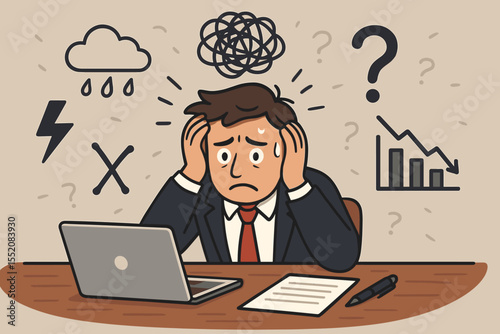 Stressed businessman overwhelmed by workplace problems, anxiety, confusion, financial crisis, multitasking, mental health struggle, burnout, depression, vector cartoon office illustration