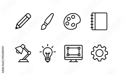 Artistic tools icons set: pencil, brush, palette, notebook, lamp, bulb, monitor, gear