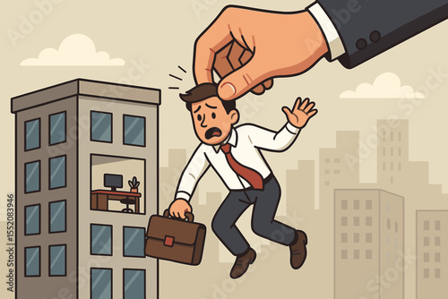 Businessman Layoff Concept. Giant Boss Hand Removes Sad Male Office Worker from Building. Unemployment, Job Loss, Downsizing, Firing, Stress, Workplace Crisis. Vector Cartoon Illustration