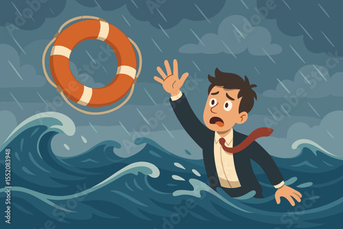Businessman Drowning in Stormy Sea Reaching for Lifebuoy Metaphor for Crisis, Financial Trouble, Career Struggles, Stress, Survival, Risk Management, Corporate Rescue, Vector Illustration
