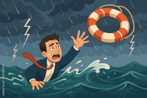 Businessman Struggling in Stormy Ocean Waves Reaching for Lifebuoy, Crisis Management, Survival, Financial Trouble, Risk, Solution, Rescue, Corporate Challenge, Vector Illustration