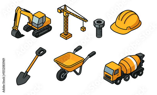 Cartoon construction equipment set: excavator, crane, tools, and mixer truck