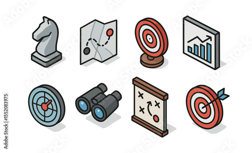 Strategy and planning icons: knight, map, target, graph, binoculars, tactical board