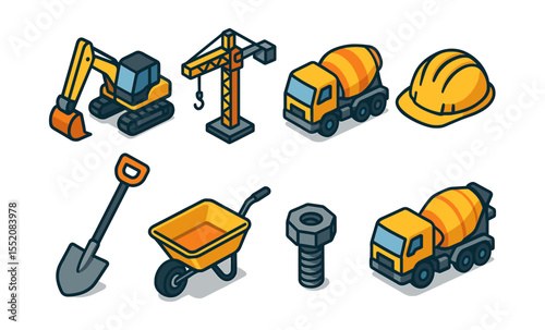 Construction equipment icons: excavator, crane, concrete mixer, safety gear, shovel, wheelbarrow, nut