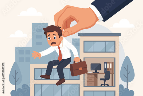 Businessman Being Removed from Office by Giant Hand. Job Loss, Layoff, Unemployment, Stressful Work Environment, Corporate Control, Downsizing, Employee Termination Vector Illustration