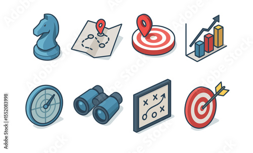 Isometric strategy icons: chess knight, maps, targets, graphs, compass, binoculars, game plan, arrow