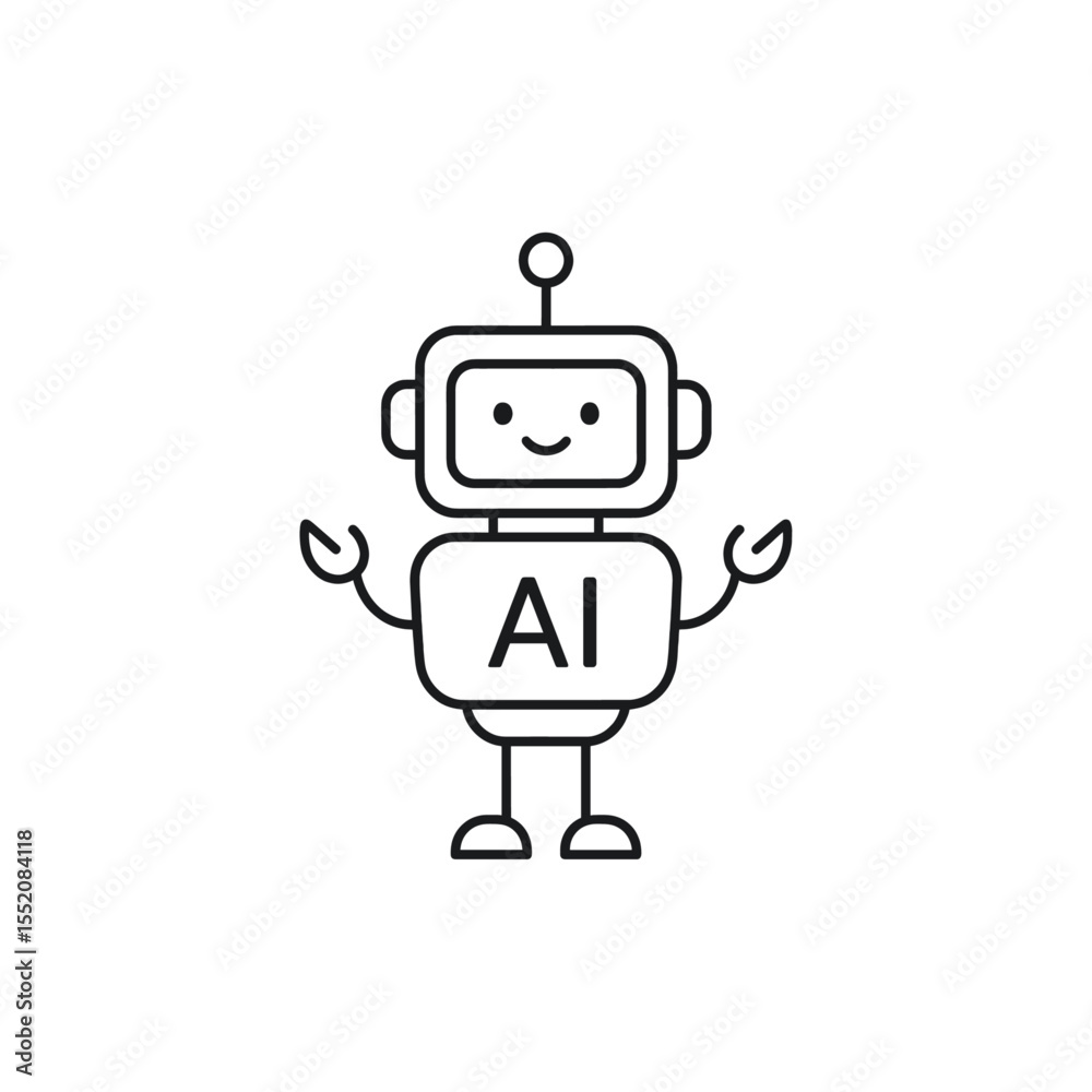 笑顔のAIロボットのラインアイコン｜Line Icon of a Smiling AI Robot