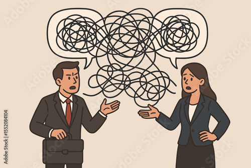 Business communication problems concept. Cartoon businesspeople with tangled lines, messy speech bubbles, misunderstanding, conflict, miscommunication, confusion, workplace issue vector illustration