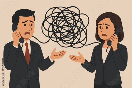 Confused Communication Business Concept. Tangled Lines Illustrate Misunderstanding, Workplace Conflict, Poor Telephone Conversation, Miscommunication Between Colleagues, Vector Cartoon Illustration
