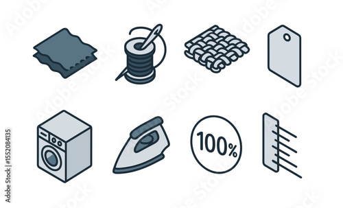 Textile and laundry icons: fabric, thread, washing machine, iron, 100% label