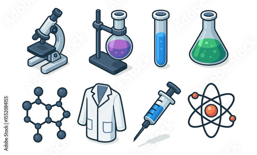 Science equipment icons featuring microscope, beakers, molecules, lab coat, syringe, atom