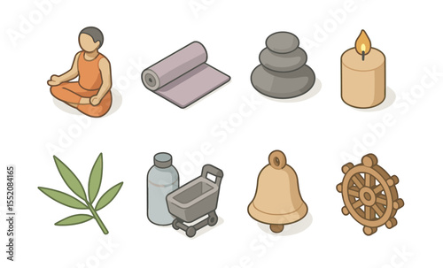 Wellness icons: meditation, yoga, nature elements, and zen symbols for relaxation