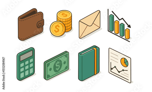 Set of financial icons including wallet, coins, envelope, and graphs