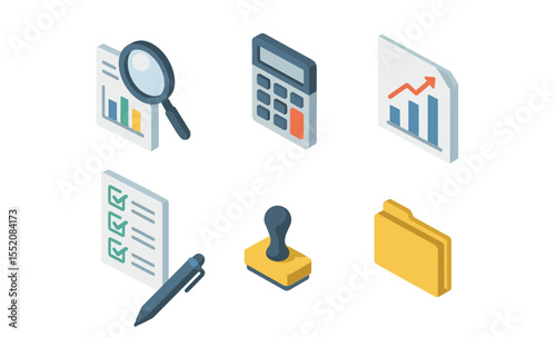 Isometric business icons: analytics, calculator, charts, checklist, stamp, folder