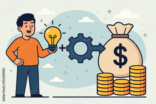 Creative idea to money concept. Businessman innovation, investment, strategy. Lightbulb, gear, cash bag, coins. Startup success, entrepreneurship, turning inspiration into profit vector illustration.