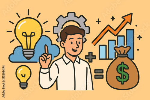 Businessman Generating Profitable Ideas Formula for Success. Innovation and Financial Growth Concept. Lightbulb Creativity, Gear Planning, Bar Chart, Money Bag. Startup Wealth Vector Illustration