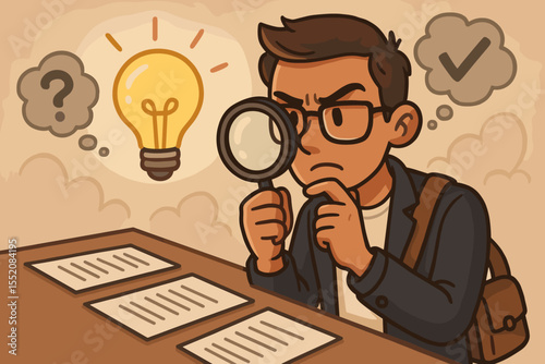 Entrepreneur analyzing business ideas with magnifying glass, decision making, evaluation of solutions, creative thinking, startup validation concept, vector cartoon illustration