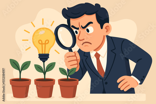 Entrepreneur Analyzing Startup Ideas Growth. Businessman Examining Innovation and Solutions. Concept of Idea Validation, Evaluation, and Strategy. Cartoon Vector of Business Development Success