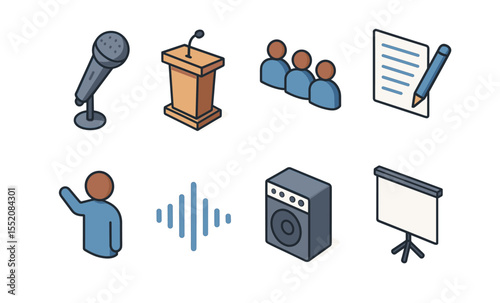 Conference elements icons set with microphone, podium, audience, speaker, and presentation