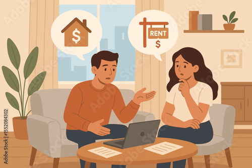 Couple Comparing Rent Versus Mortgage Options in Modern Living Room, Financial Planning Discussion, Choosing Between Renting and Buying Home, Budgeting, Real Estate Decision Vector Illustration
