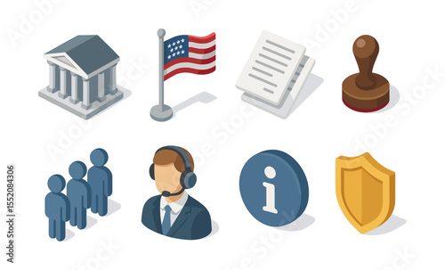 Government and customer service icons with flag, documents, and support representative