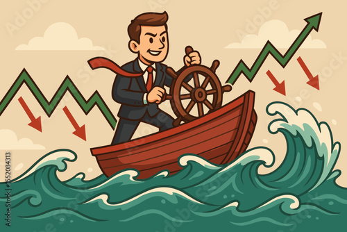 Navigating financial market volatility. Businessman steering ship through rough waves. Stock trading and investment risk metaphor. Economic crisis and leadership concept illustration.