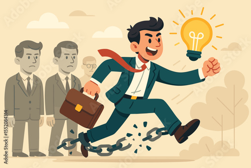 Innovative businessman breaking free from chains, escaping the sad, gray crowd. Concept of freedom, leadership, success, and new ideas. Metaphor for creativity and progress.