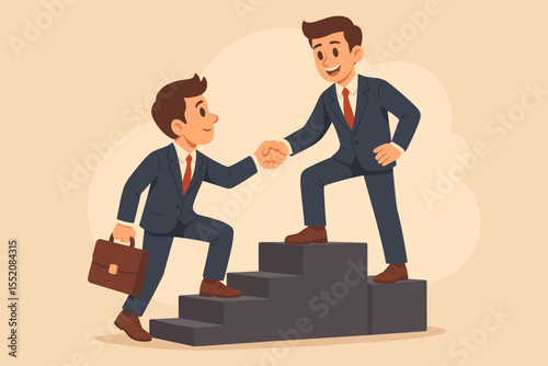 Concept of teamwork and support. Businessman helping a colleague climb up the career ladder stairs. Mentorship, guidance, cooperation for professional growth and business success.
