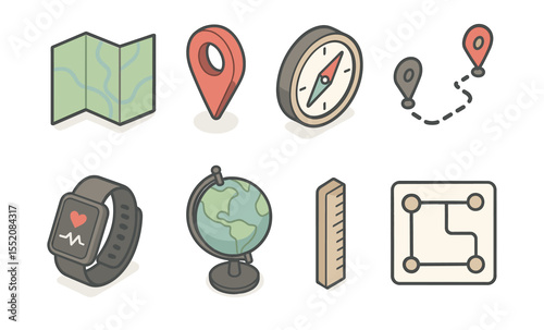 Stylized map and navigation icons: compass, globe, smartwatch, location markers, route, ruler