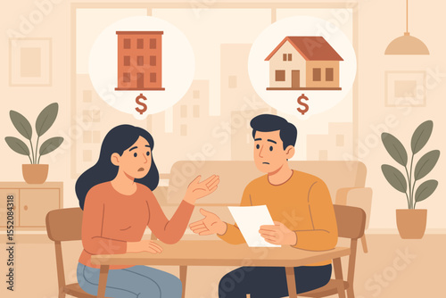 Young Couple Debating Apartment Rent Versus House Mortgage Costs, Financial Planning Discussion, Home Buying Decision, Modern Living Room Interior, Real Estate Investment Concept Vector