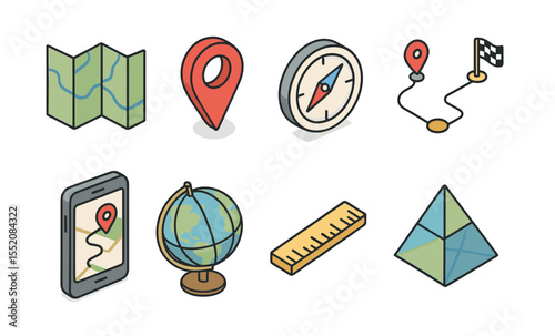 Map navigation icons: compass, globe, ruler, and more for travel and geography