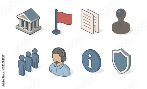 Government office icons: flag, document, stamp, group, support, information, shield