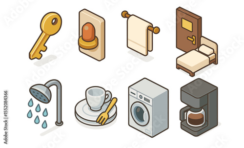 Isometric household objects set featuring key, bell, towel, bed, shower, dishes, washing machine, coffee maker