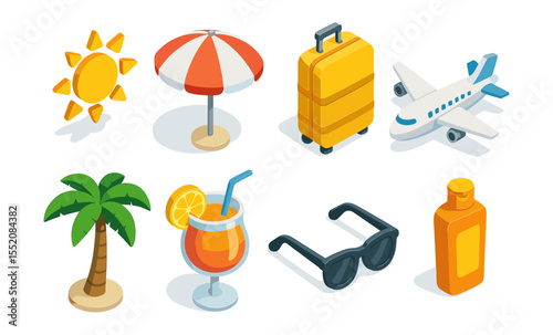 Colorful summer vacation icons: sun, umbrella, luggage, plane, palm, drink, sunglasses, sunscreen