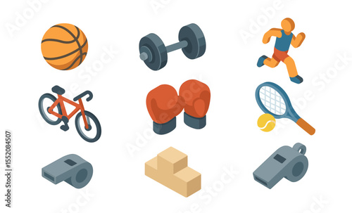 Collection of sports equipment icons featuring basketball and tennis