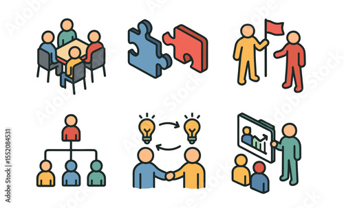 Teamwork and collaboration icons - puzzle pieces, team meeting, hierarchical structure, idea sharing, presentation