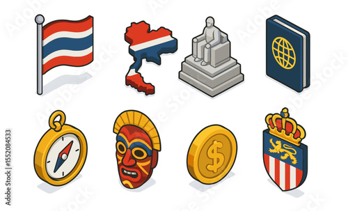 Isometric icons: thai flag, map, monument, passport, compass, mask, coin, coat of arms