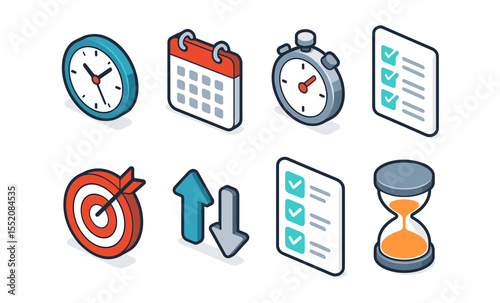 Time management icons collection: clock, calendar, stopwatch, checklist, target, arrows, hourglass